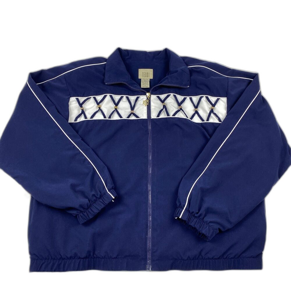 Teddi Women's Sz Large VTG Nautical Windbreaker Jacket Blue White Beaded 90's